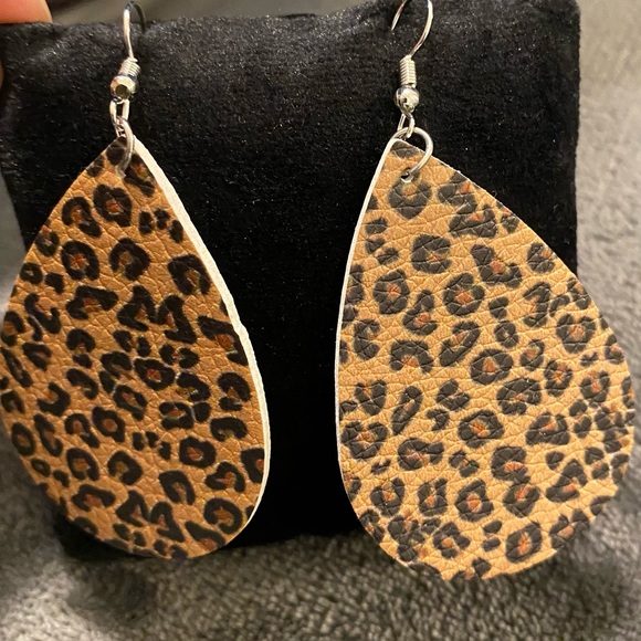 Leopard Animal Print Tan & Brown Faux Leather Teardrop Earrings - Picture 3 of 5